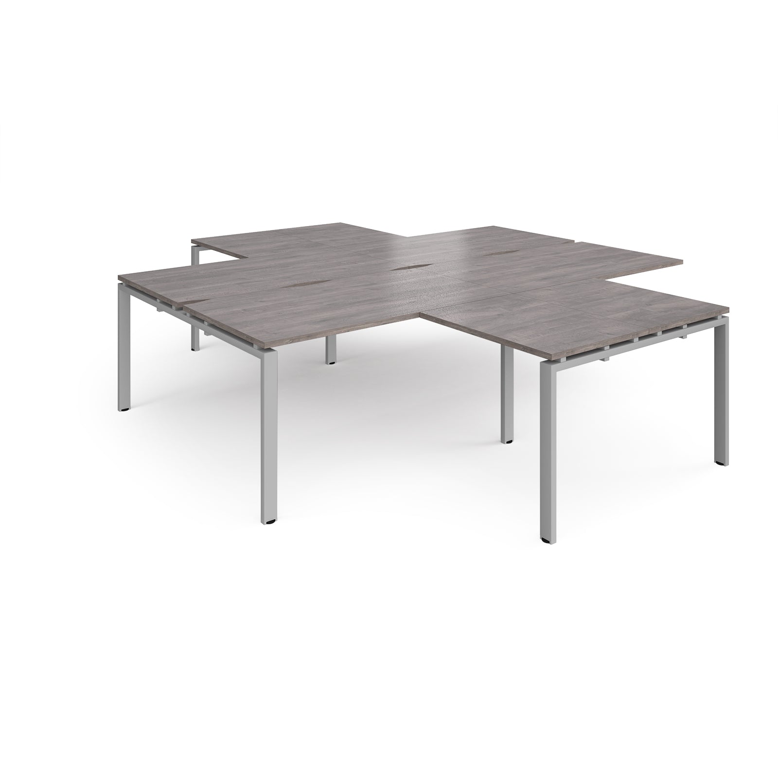 L-shaped office desks cluster with grey wood-effect top and silver metal legs on a white background