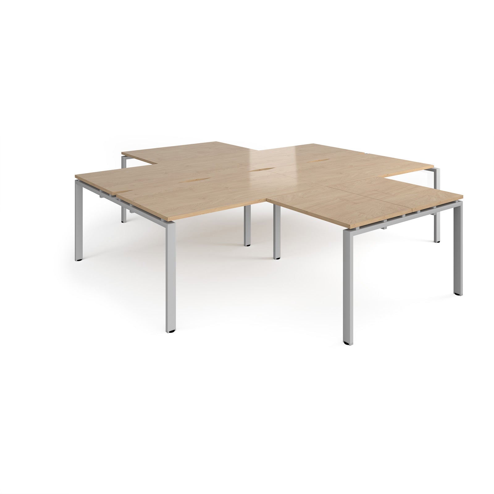 L-shaped office desks cluster with wood-effect top and silver metal legs on a white background