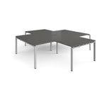 L-shaped office desks cluster with grey top and silver metal legs on a white background