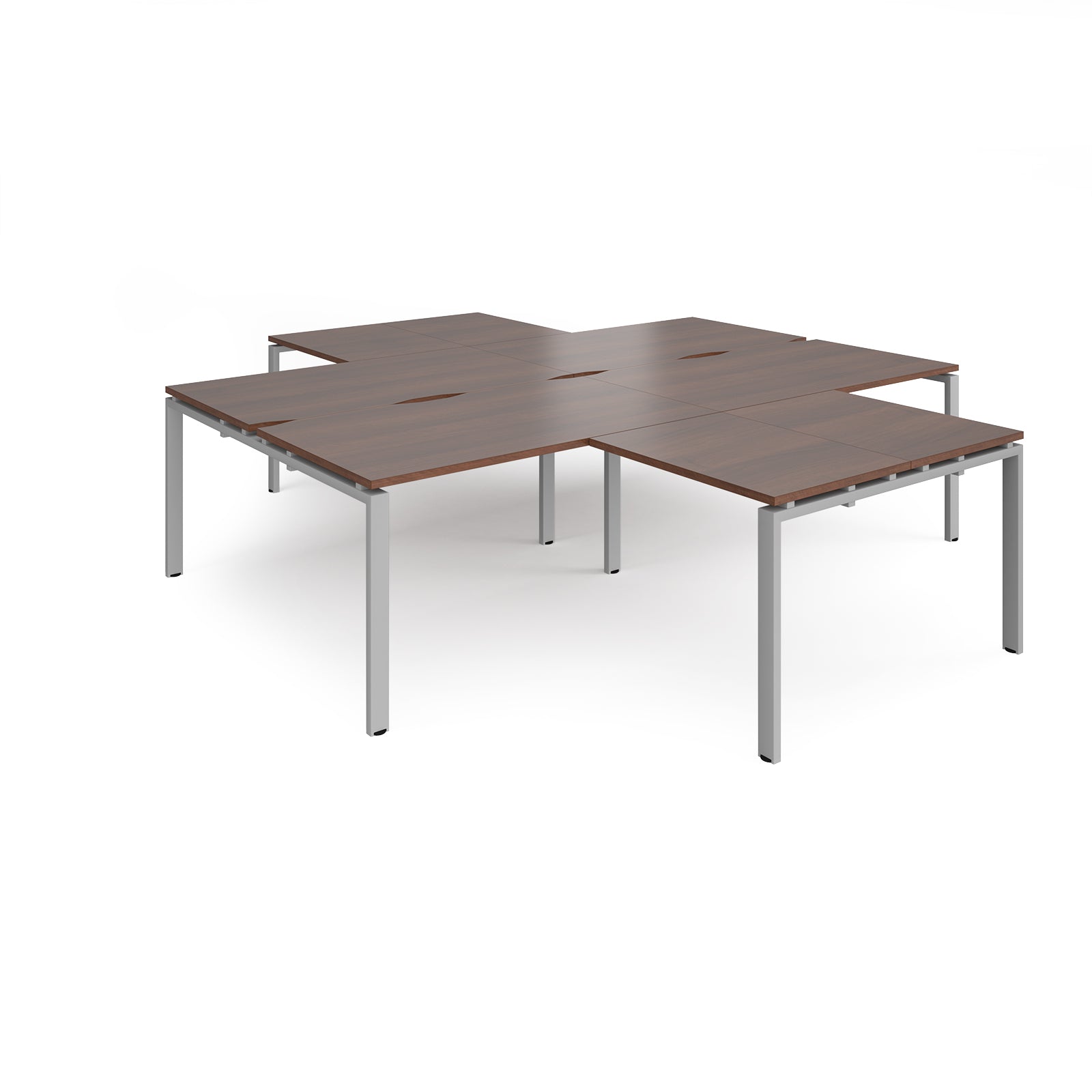L-shaped office desks cluster with wood-effect top and silver metal legs on a white background