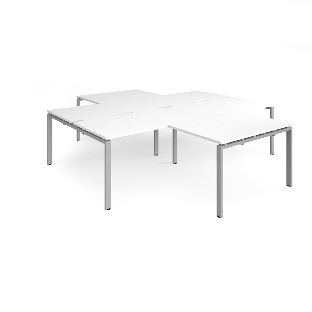 L-shaped office desks cluster with white top and silver metal legs on a white background
