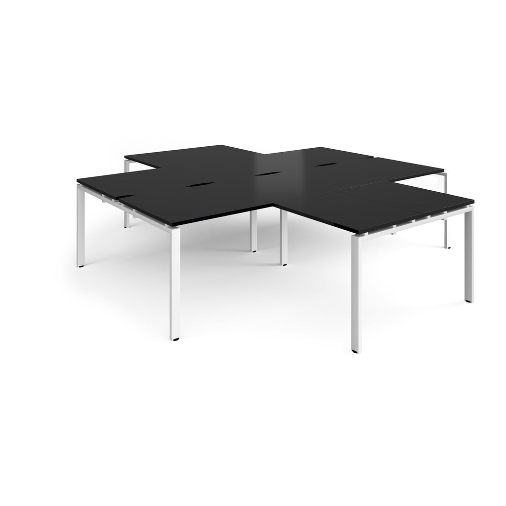 L-shaped office desks cluster with black top and white metal legs on a white background