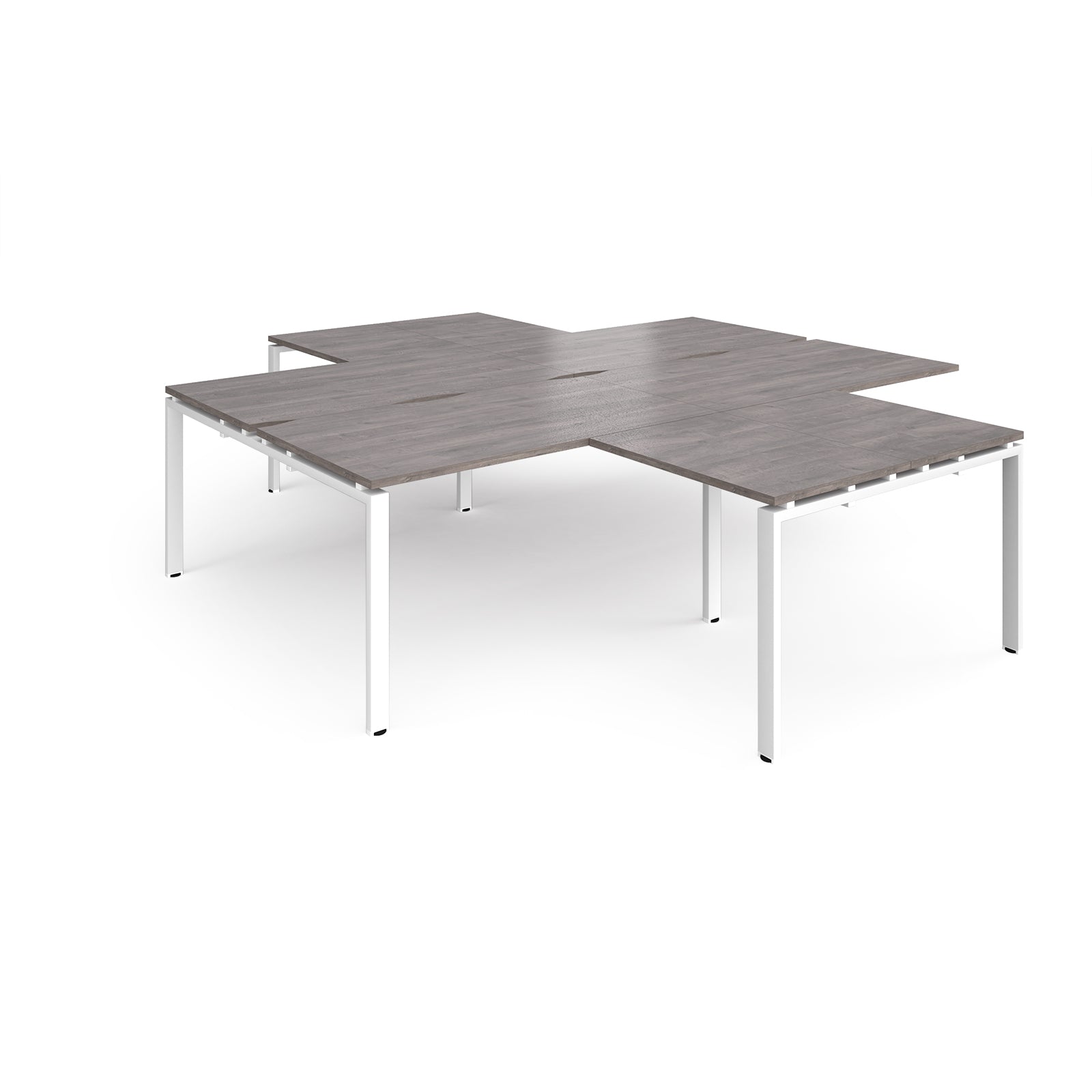L-shaped office desks cluster with grey wood-effect top and white metal legs on a white background