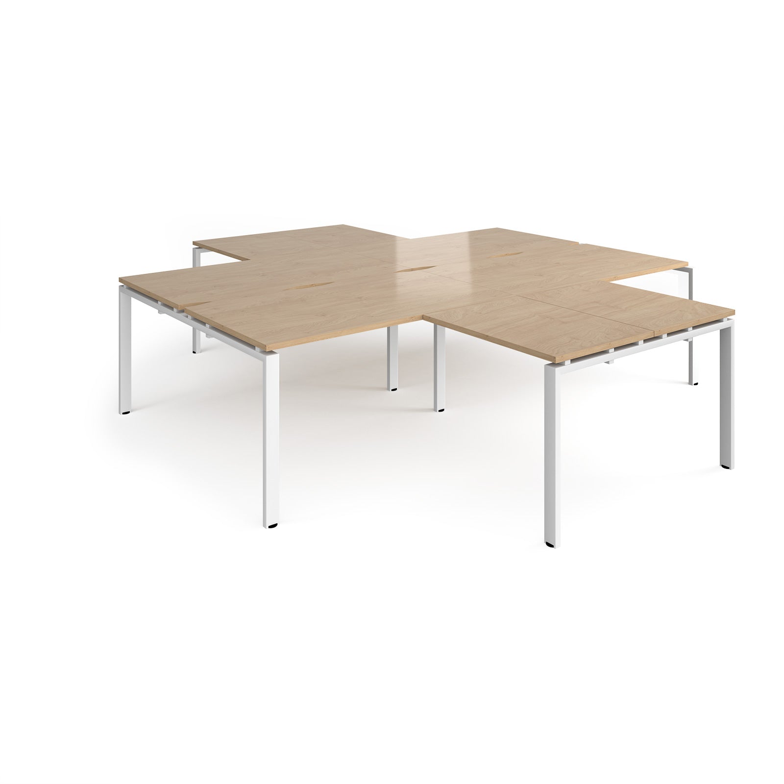 L-shaped office desks cluster with wood-effect top and white metal legs on a white background