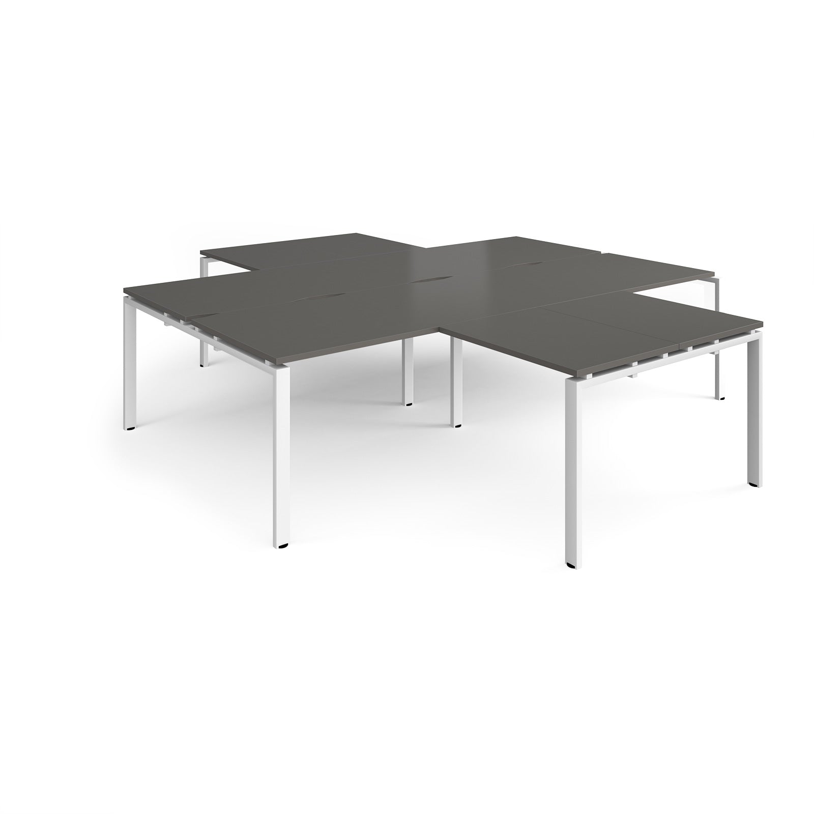 L-shaped office desks cluster with grey top and white metal legs on a white background