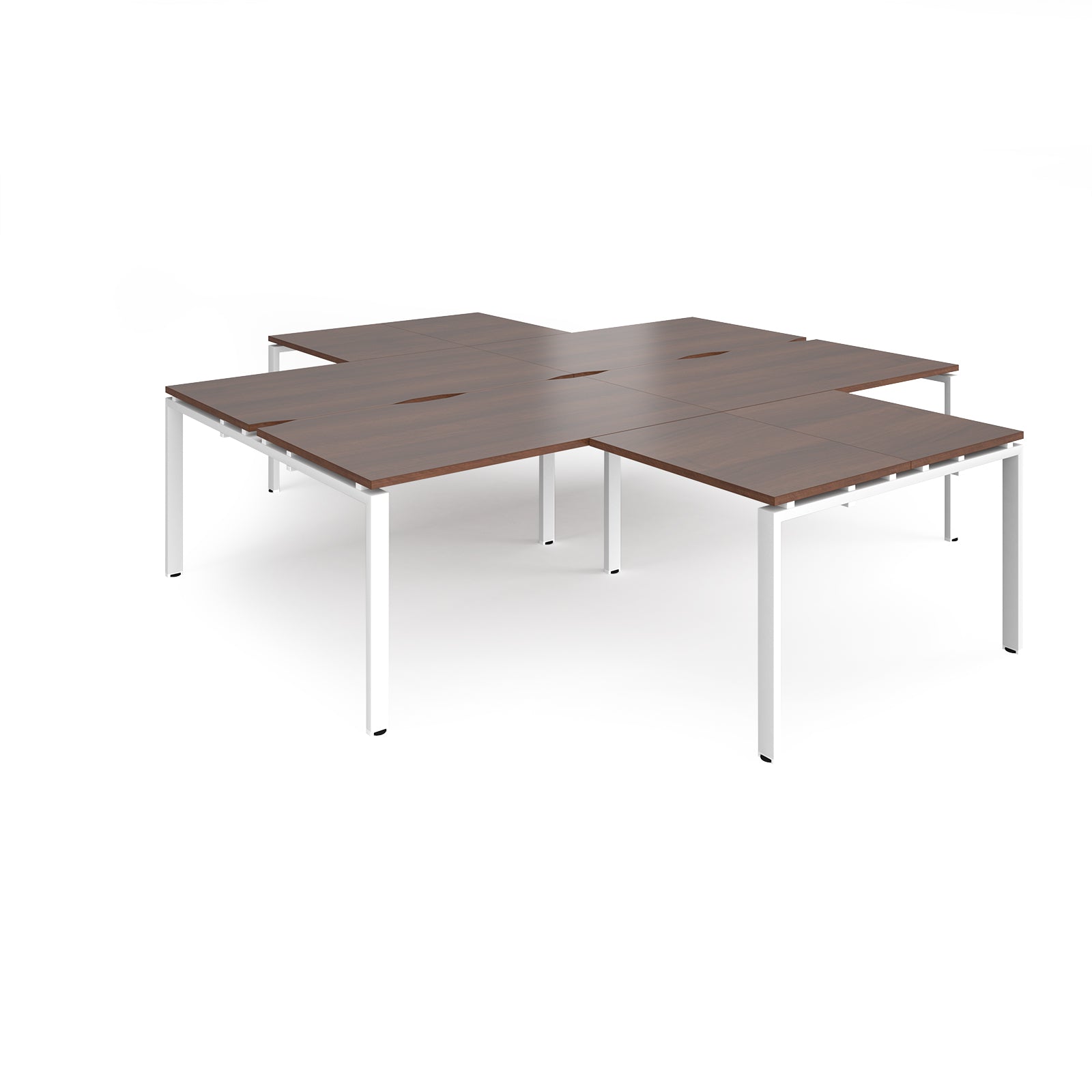 L-shaped office desks cluster with wood-effect top and white metal legs on a white background