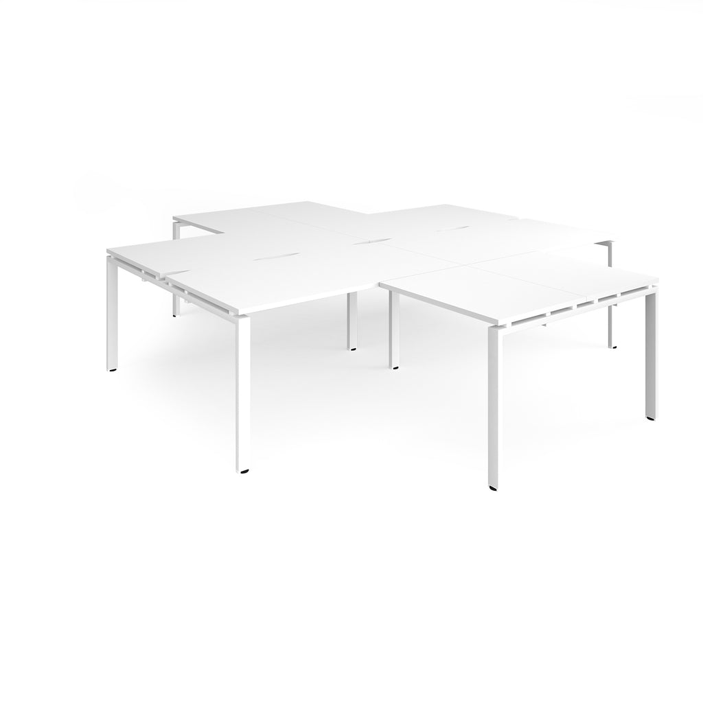 L-shaped office desks cluster with white top and metal legs on a white background