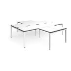 L-shaped office desks cluster with white top with black edges and white metal legs on a white background