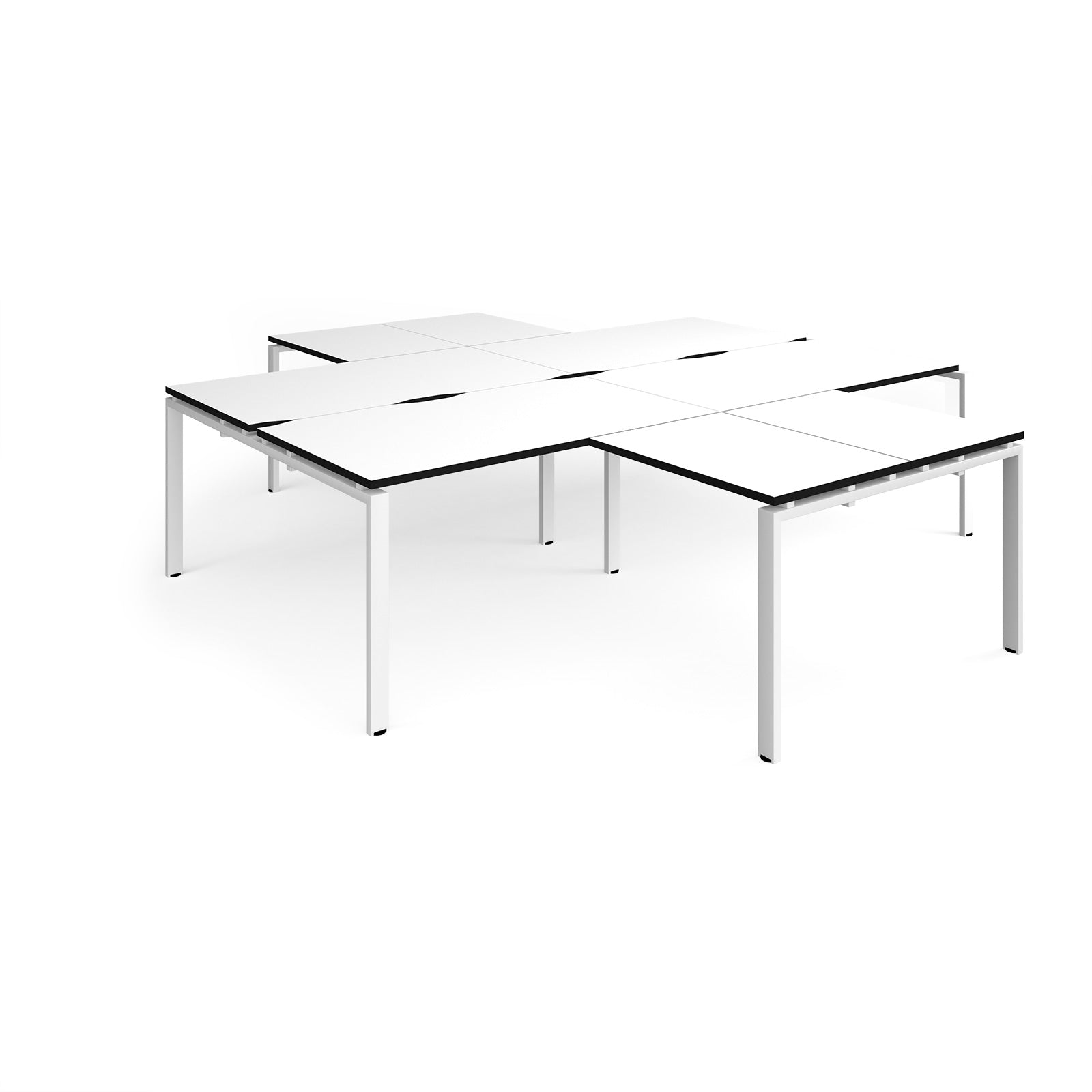 L-shaped office desks cluster with white top with black edges and white metal legs on a white background