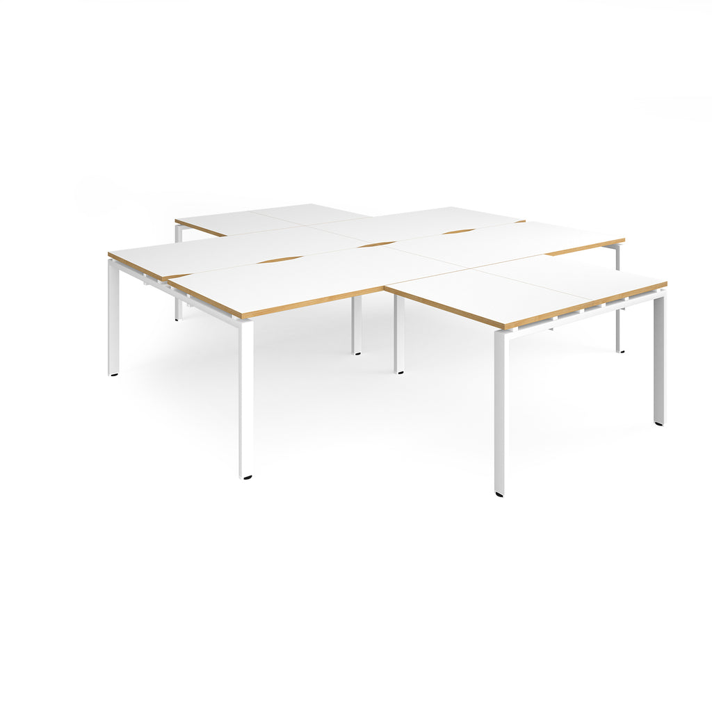 L-shaped office desks cluster with white top with wooden edges and white metal legs on a white background