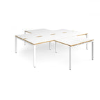 L-shaped office desks cluster with white top with wooden edges and white metal legs on a white background