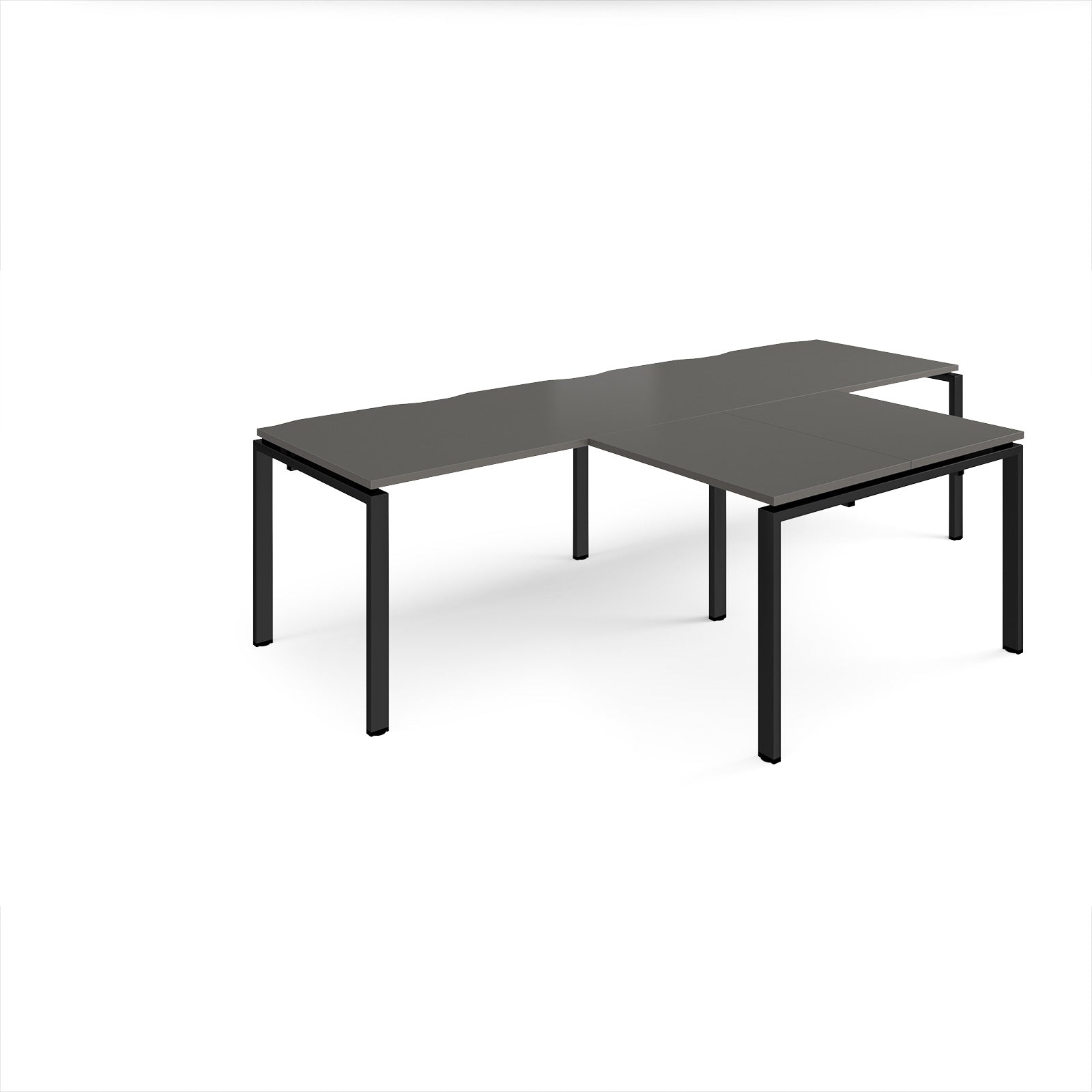 L-shaped back-to-back desks with grey top and black metal legs on a white background