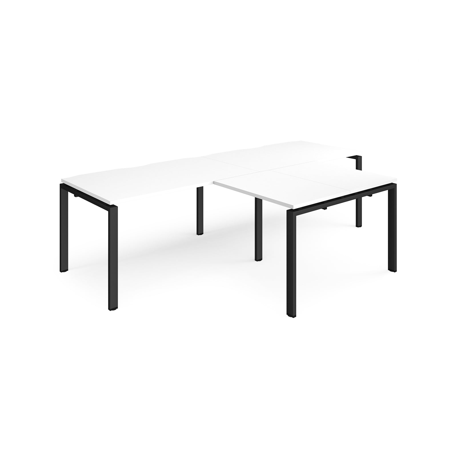 L-shaped back-to-back desks with white top and black metal legs on a white background