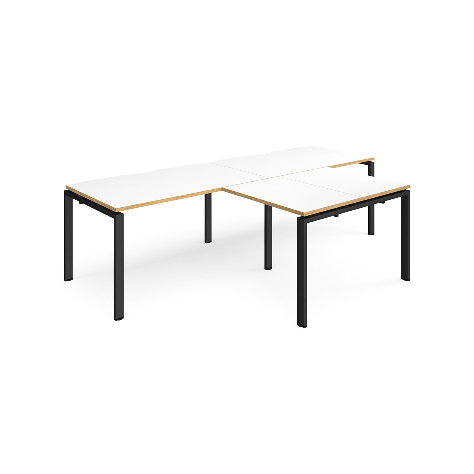 L-shaped back-to-back desks with white top with wooden edges and black metal legs on a white background