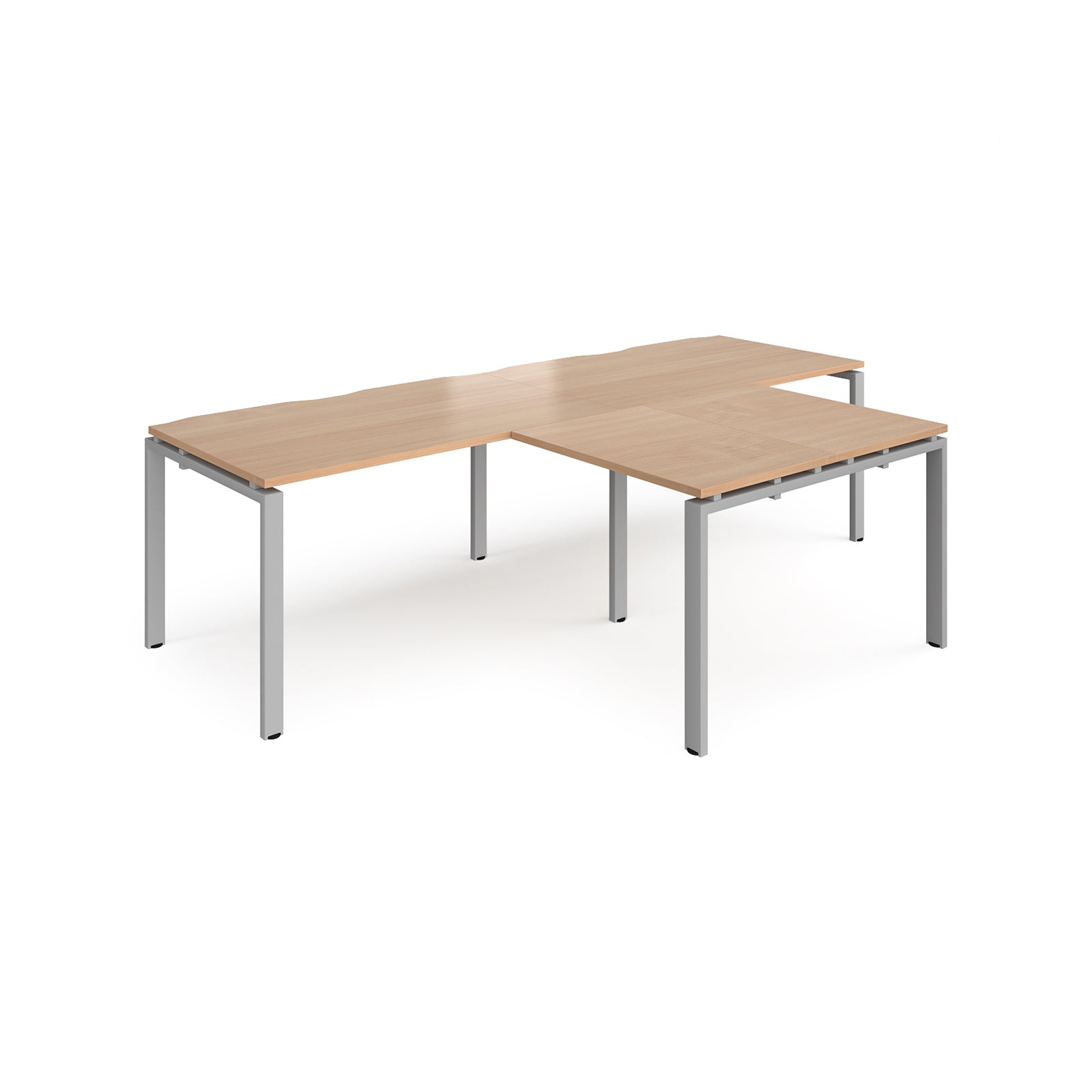 L-shaped back-to-back desks with wood-effect top and silver metal legs on a white background