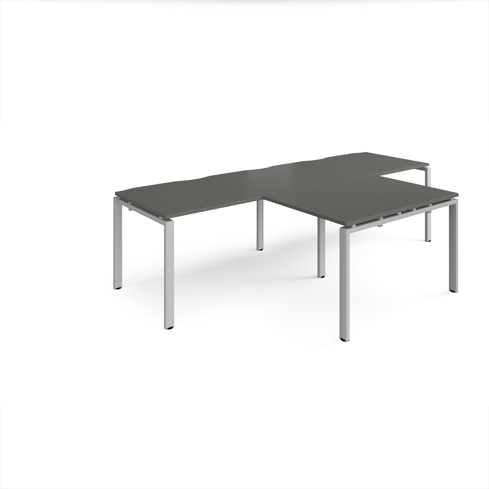 L-shaped back-to-back desks with grey top and silver metal legs on a white background