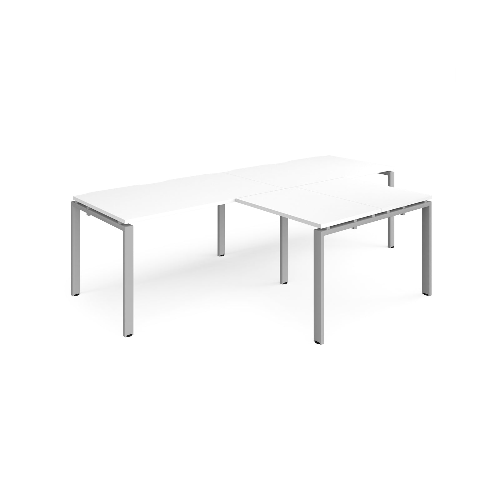 L-shaped back-to-back desks with white top and silver metal legs on a white background
