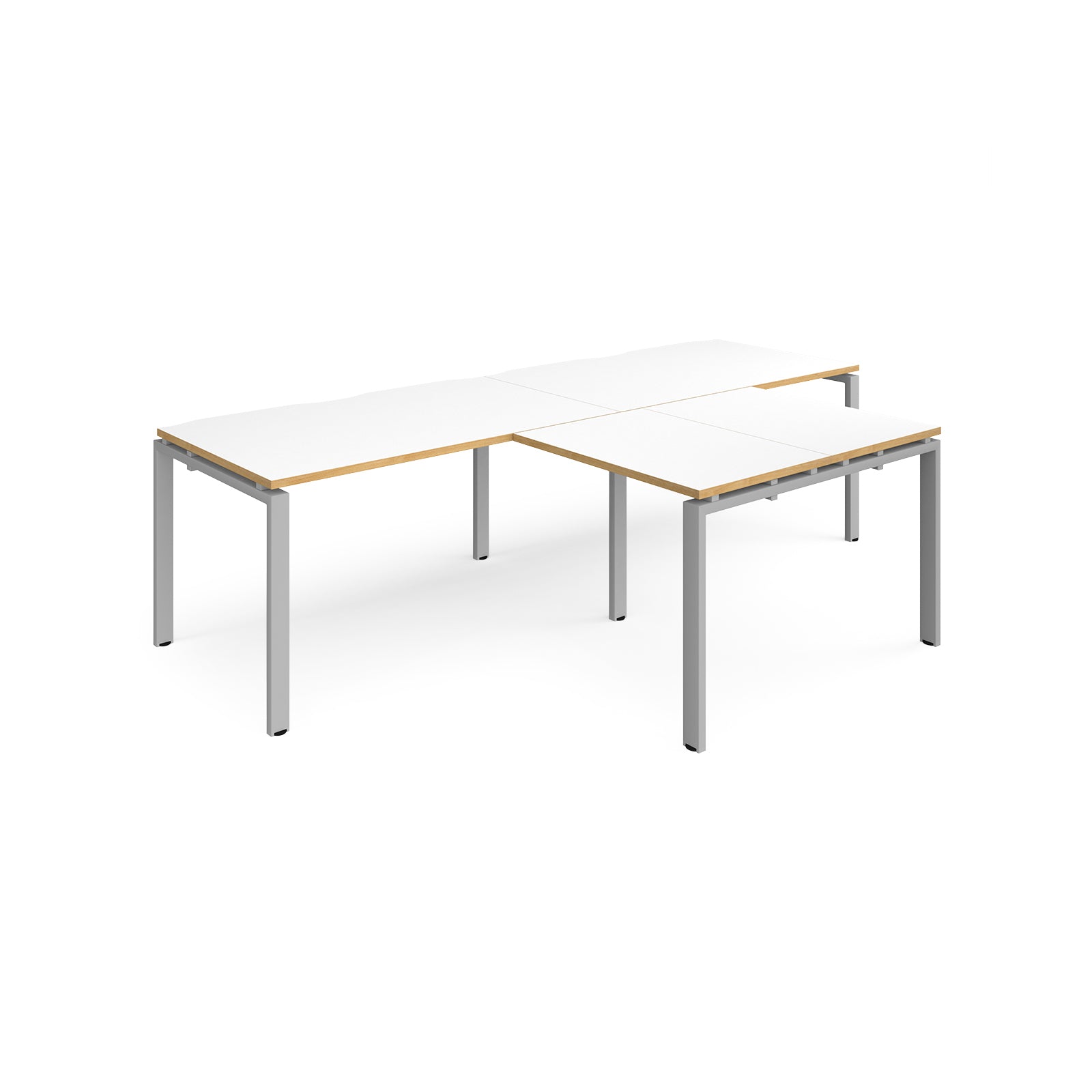 L-shaped back-to-back desks with white top with wooden edges and silver metal legs on a white background