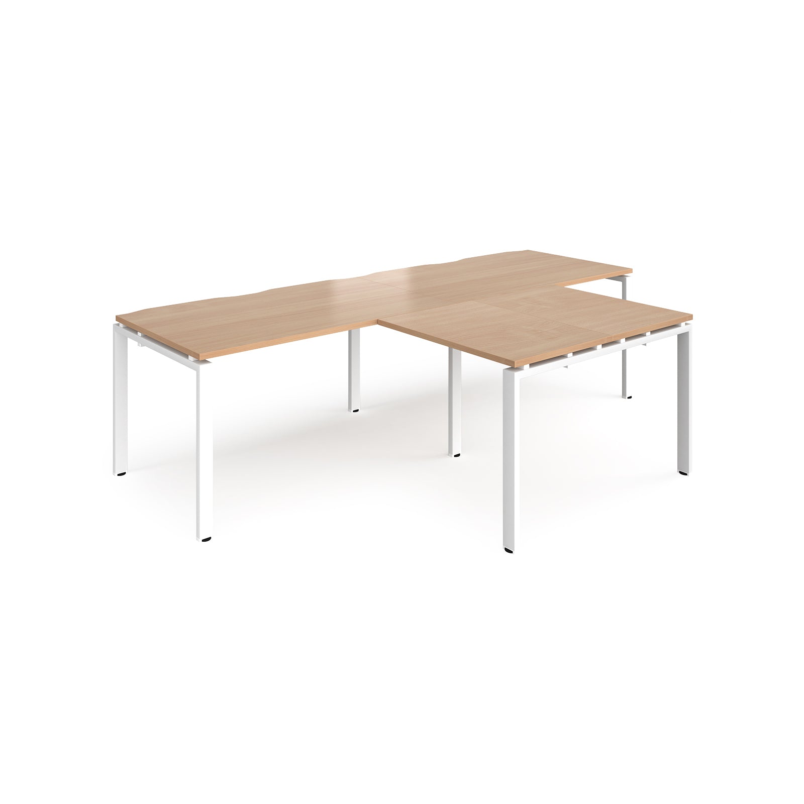 L-shaped back-to-back desks with wood-effect top and white metal legs on a white background