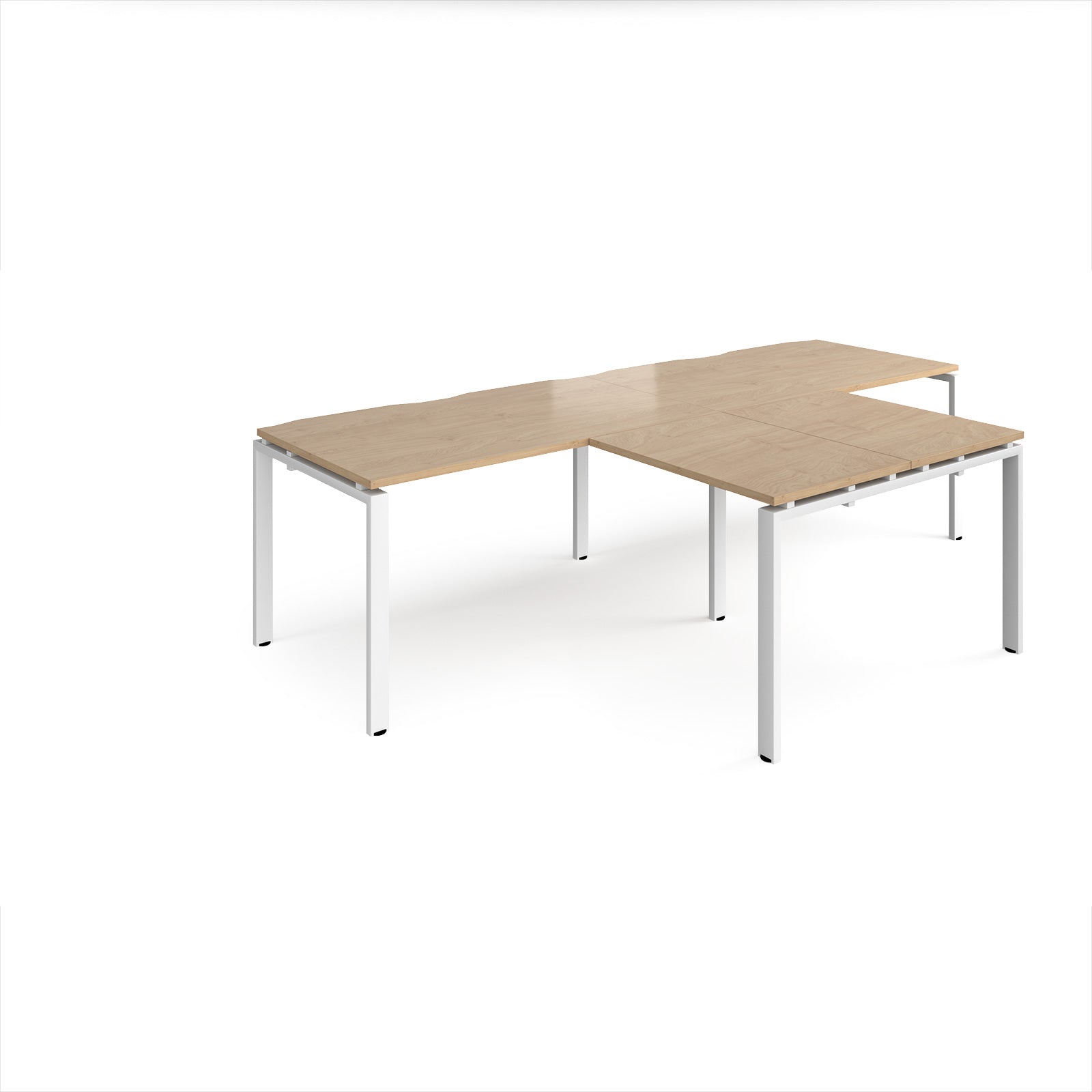 L-shaped back-to-back desks with wood-effect top and white metal legs on a white background