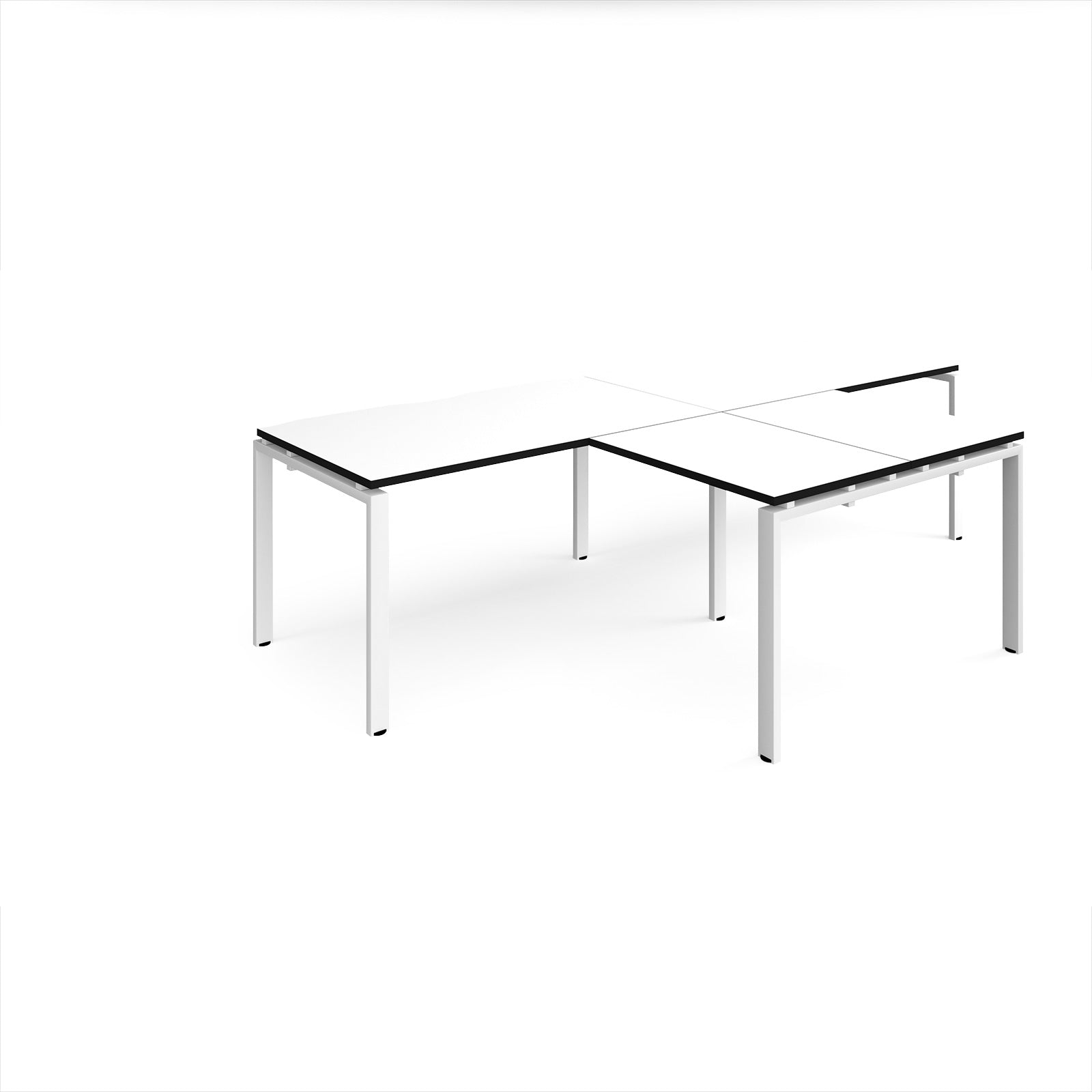 L-shaped back-to-back desks with white top with black edges and white metal legs on a white background