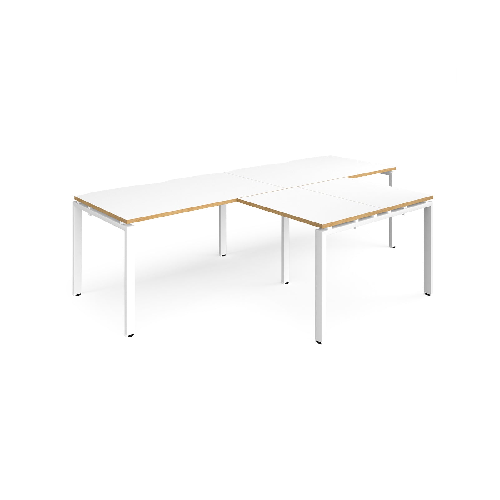 L-shaped back-to-back desks with white top with wooden edges and white metal legs on a white background