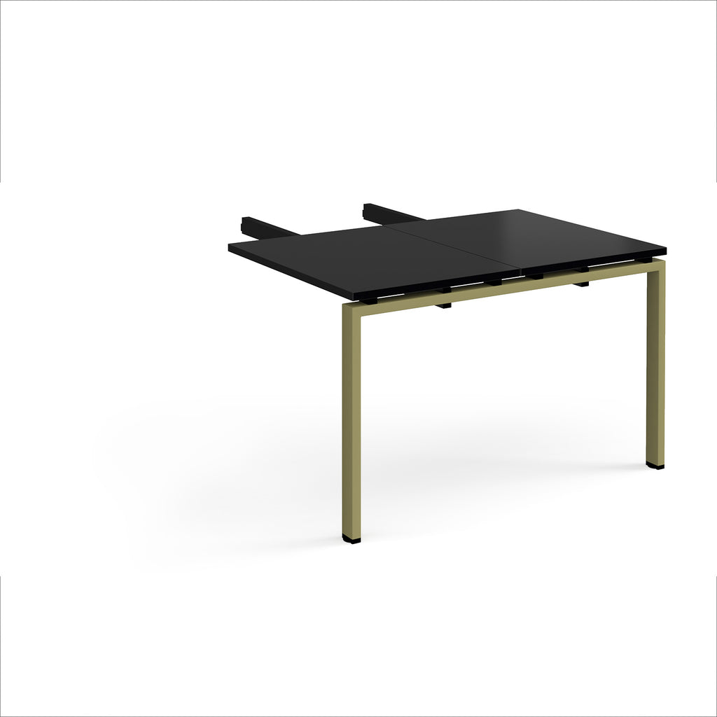 Desk add-on unit with black top and green metal frame on a white background