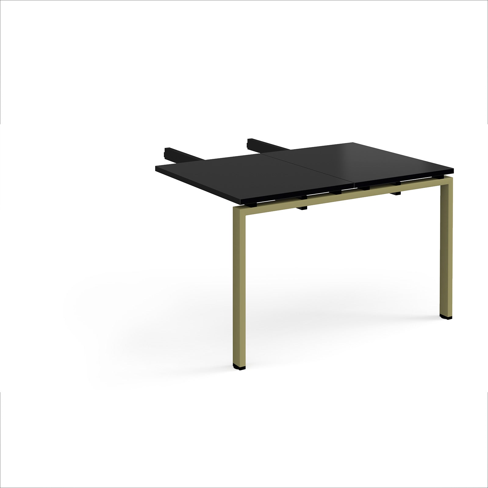 Desk add-on unit with black top and green metal frame on a white background