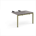 Desk add-on unit with grey wood-effect top and green metal frame on a white background
