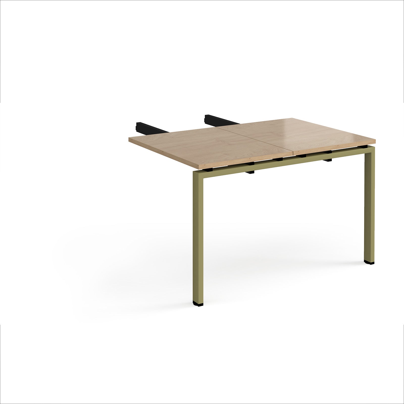 Desk add-on unit with wood-effect top and green metal frame on a white background