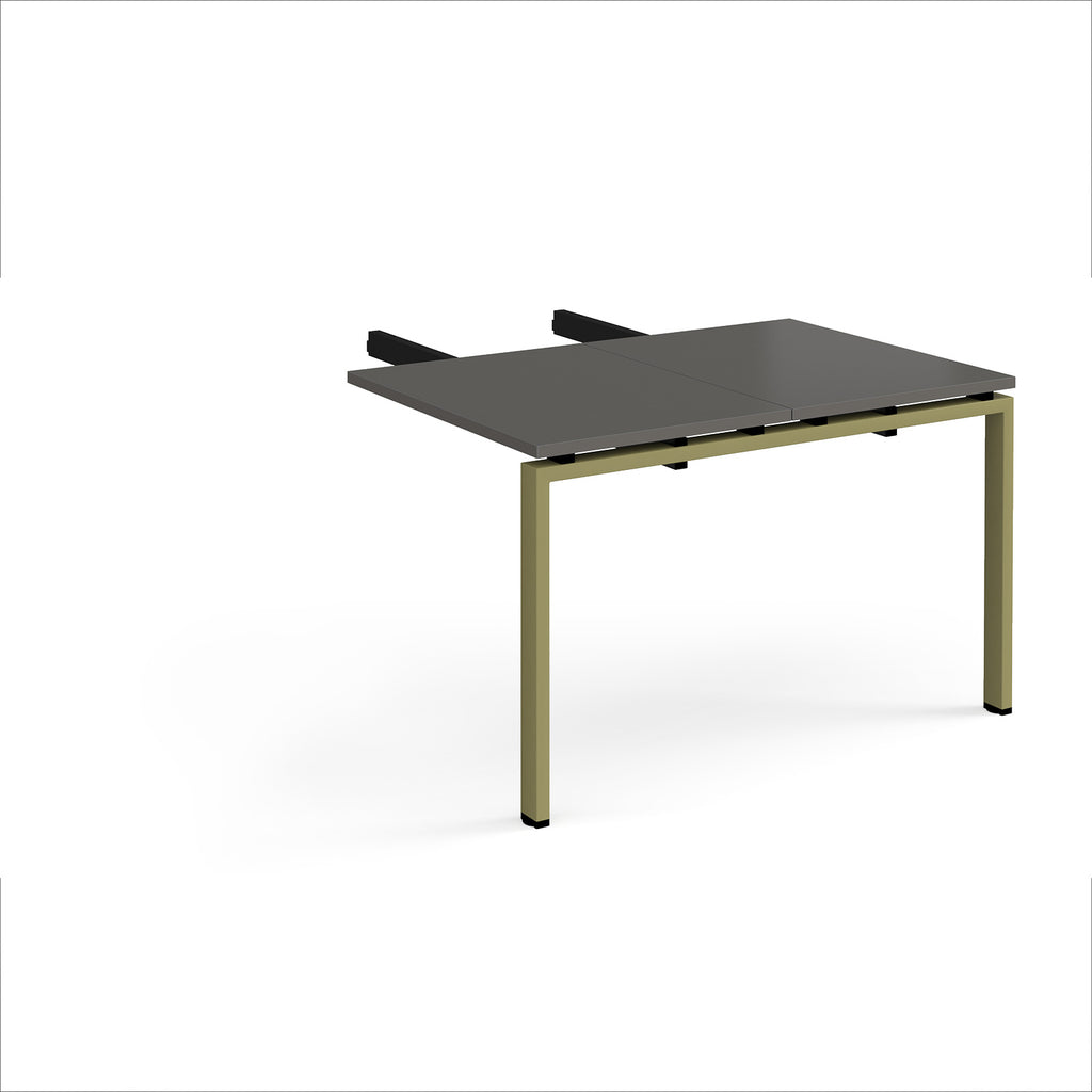 Desk add-on unit with grey top and green metal frame on a white background