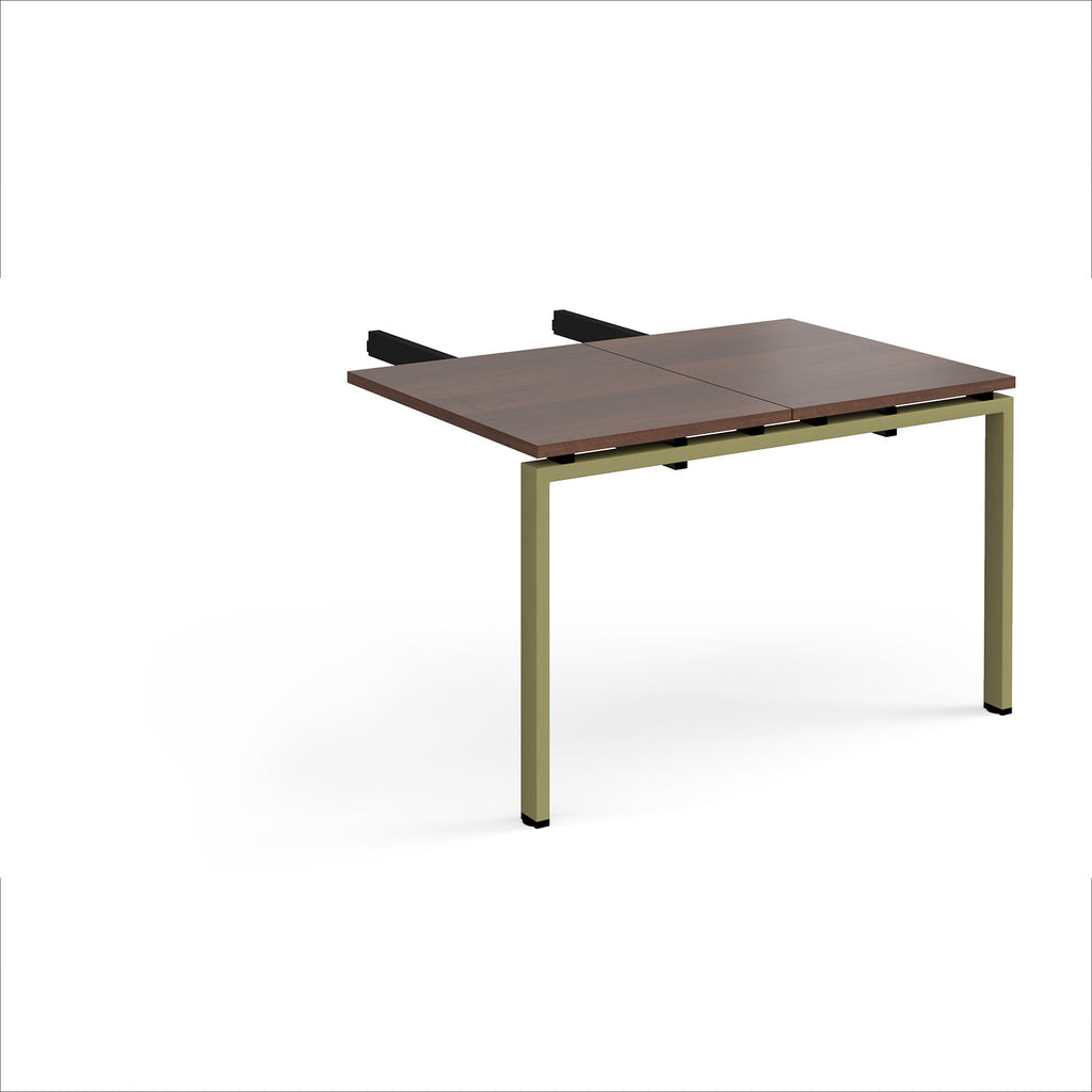Desk add-on unit with wood-effect top and green metal frame on a white background