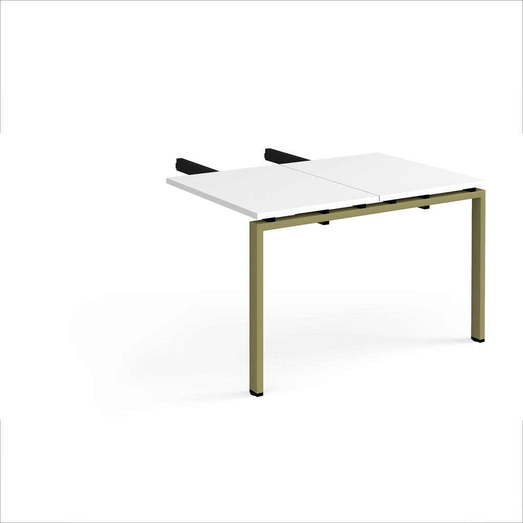Desk add-on unit with white top and green metal frame on a white background