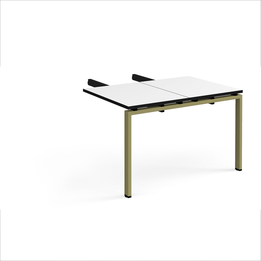 Desk add-on unit with white top with black edges and green metal frame on a white background
