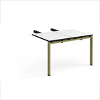 Desk add-on unit with white top with black edges and green metal frame on a white background