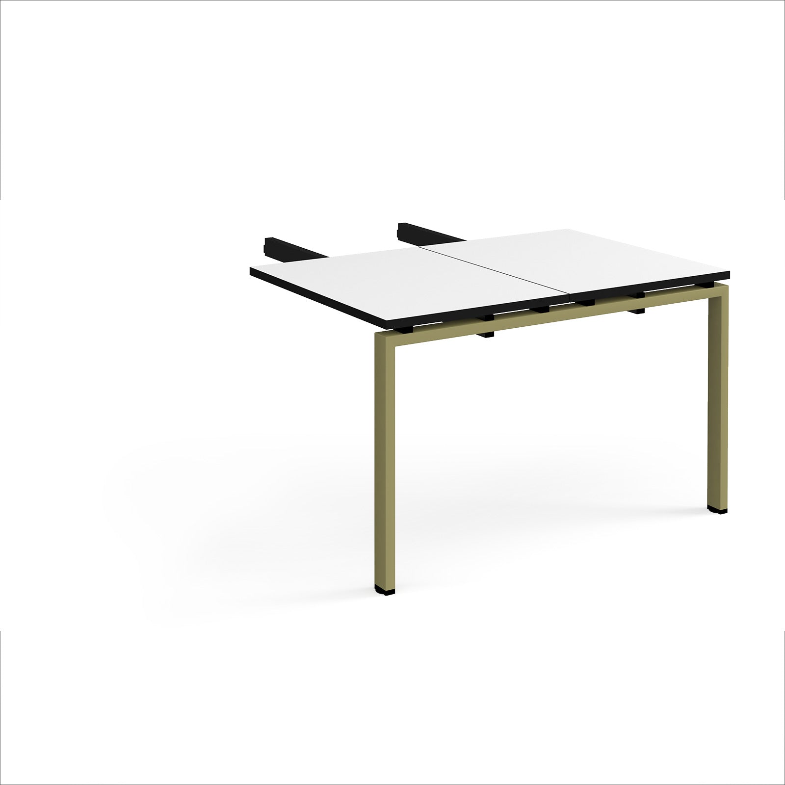 Desk add-on unit with white top with black edges and green metal frame on a white background