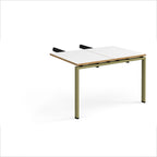 Desk add-on unit with white top with wooden edges and green metal frame on a white background