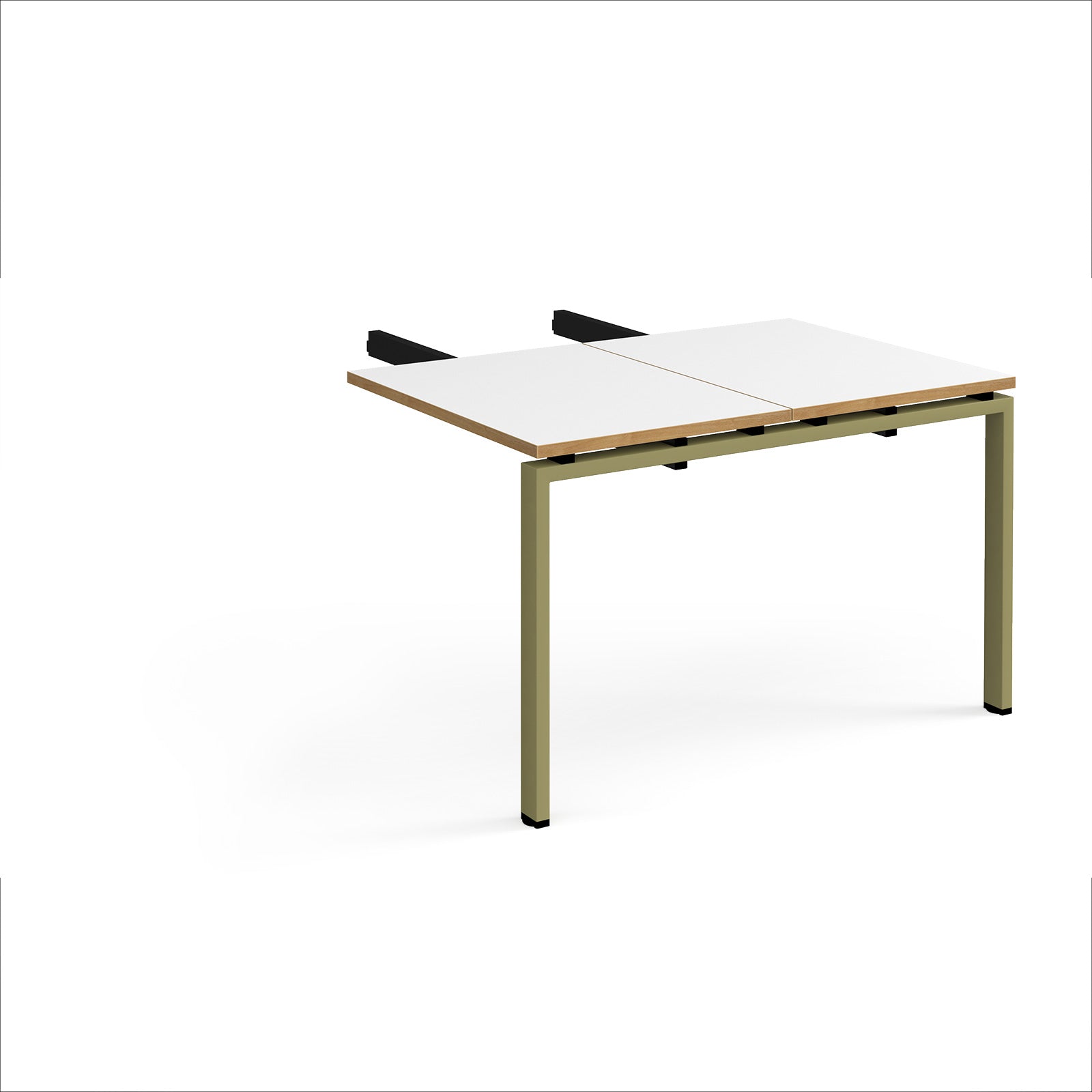 Desk add-on unit with white top with wooden edges and green metal frame on a white background