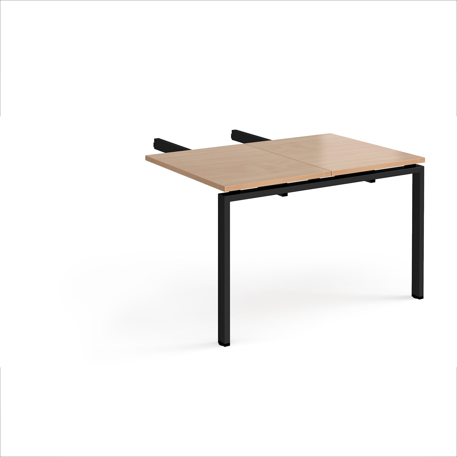 Desk add-on unit with wood-effect top and black metal frame on a white background