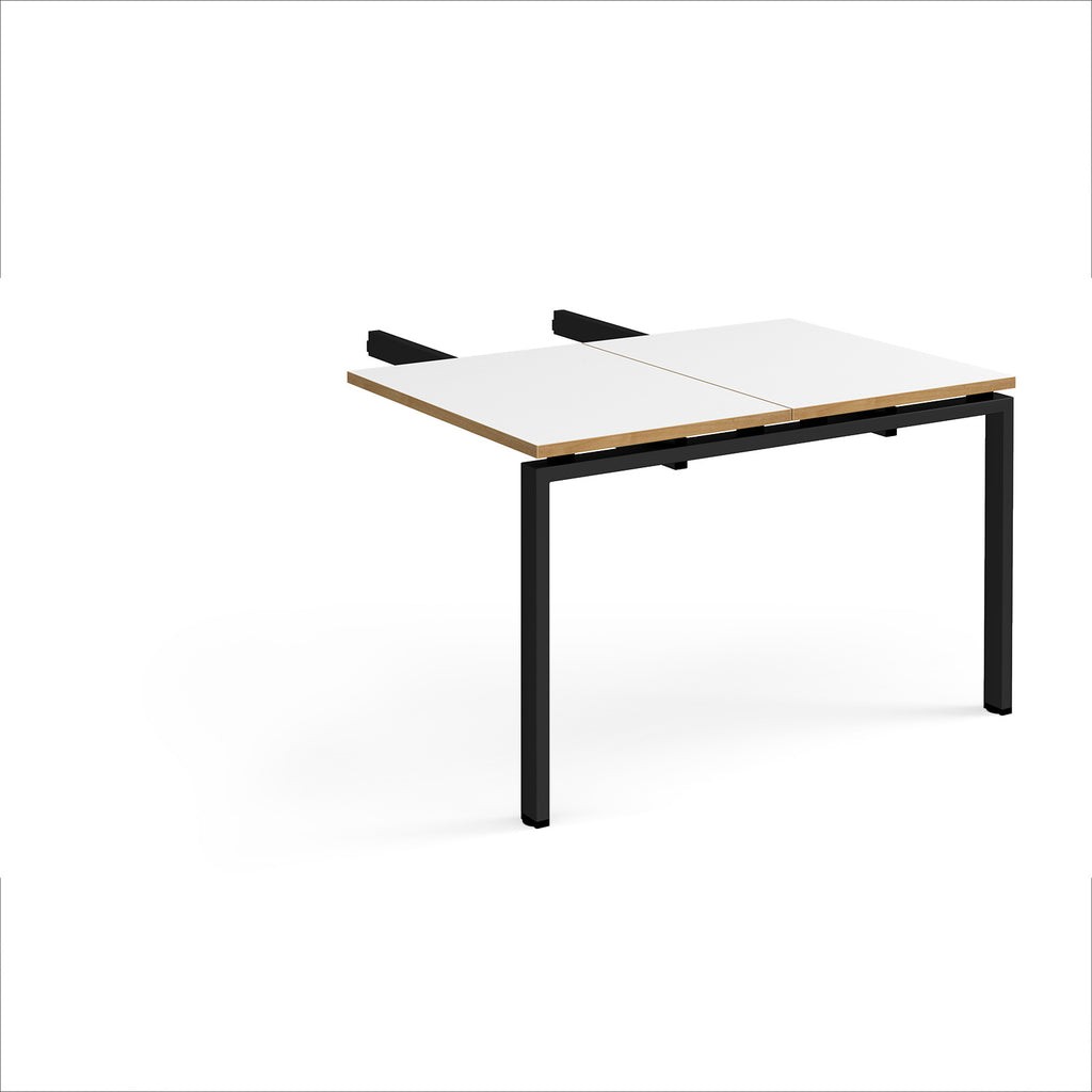 Desk add-on unit with white top with wooden edges and black metal frame on a white background