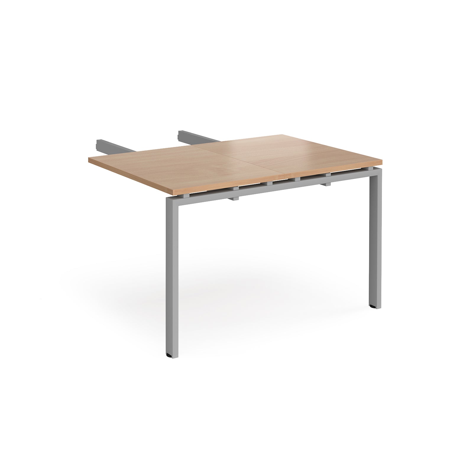 Desk add-on unit with wood-effect top and silver metal frame on a white background