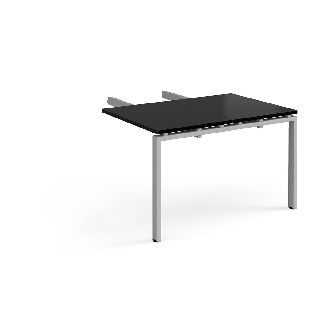 Desk add-on unit with black top and silver metal frame on a white background