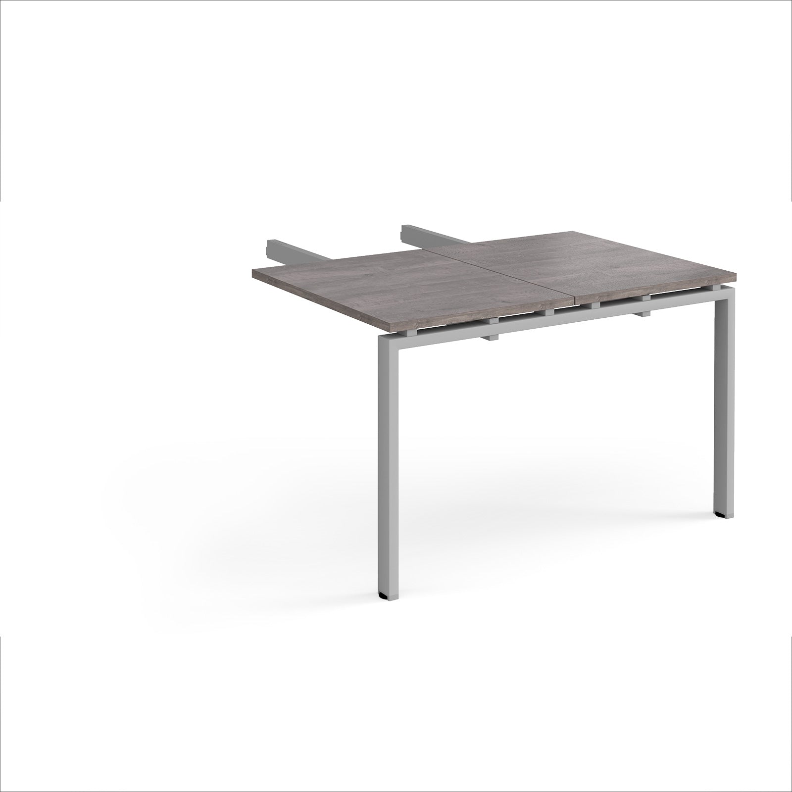 Desk add-on unit with grey wood-effect top and silver metal frame on a white background