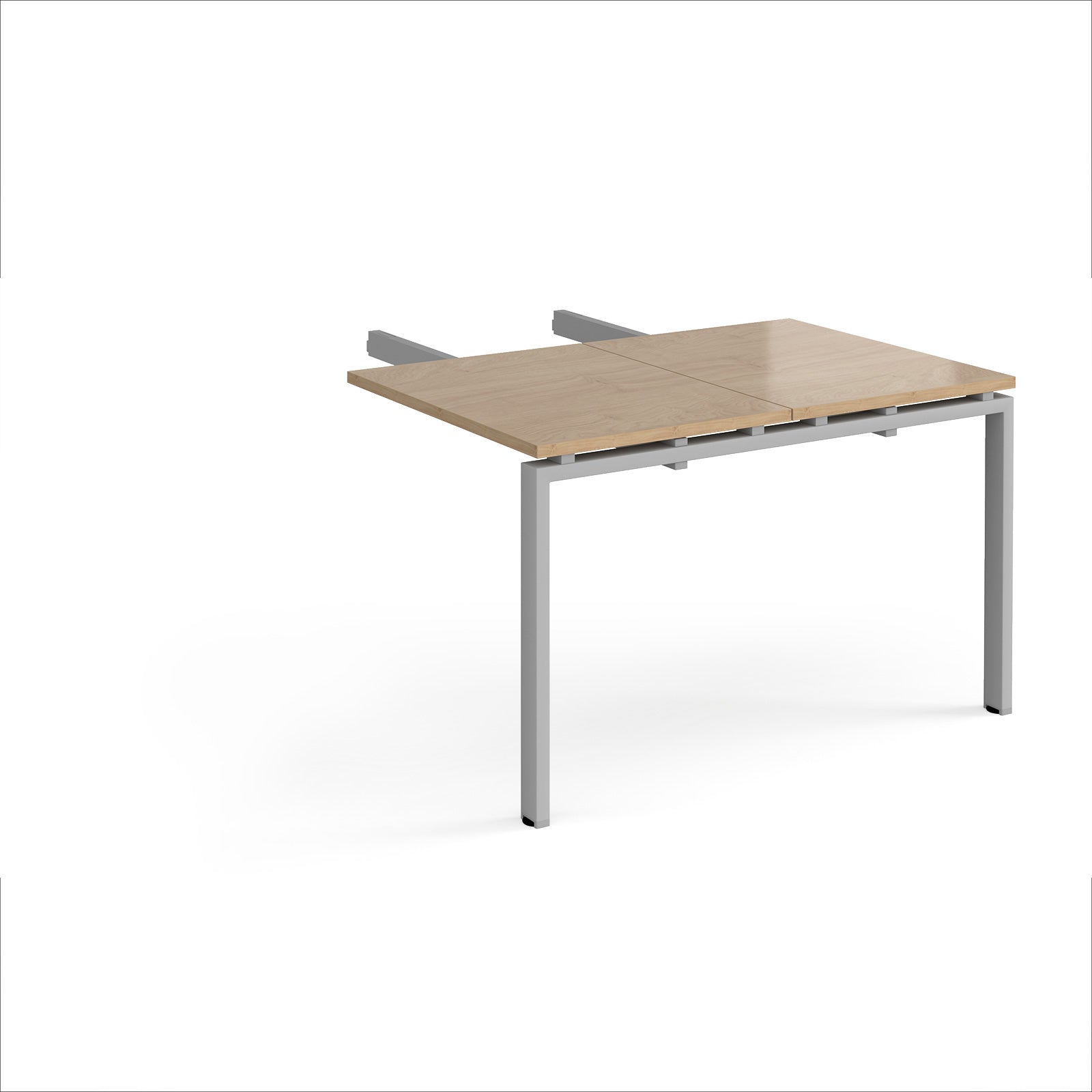 Desk add-on unit with wood-effect top and silver metal frame on a white background