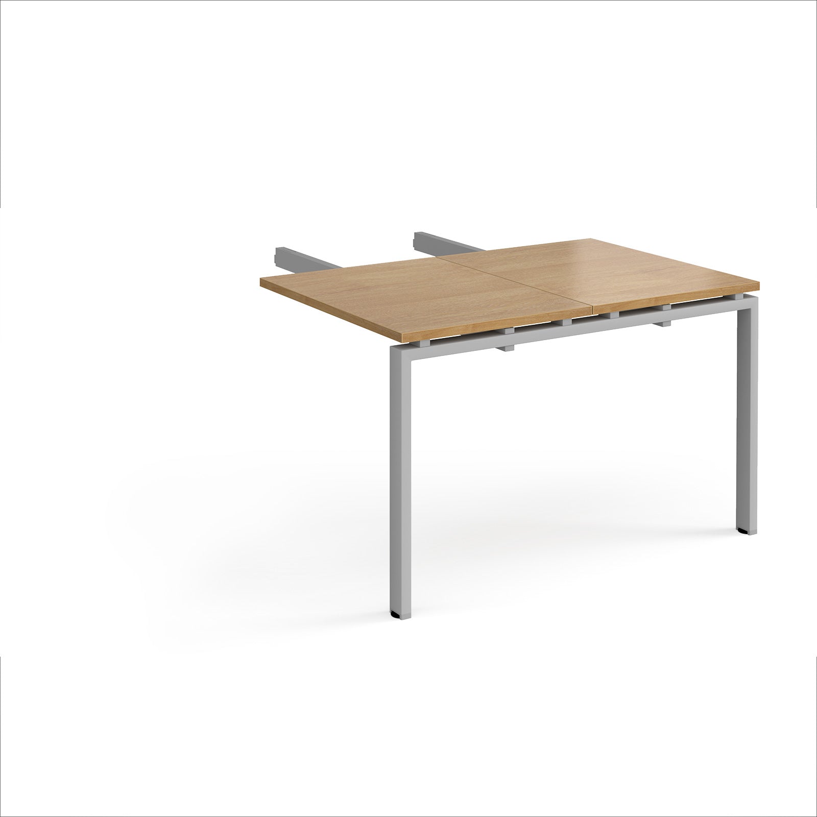 Desk add-on unit with wood-effect top and silver metal frame on a white background