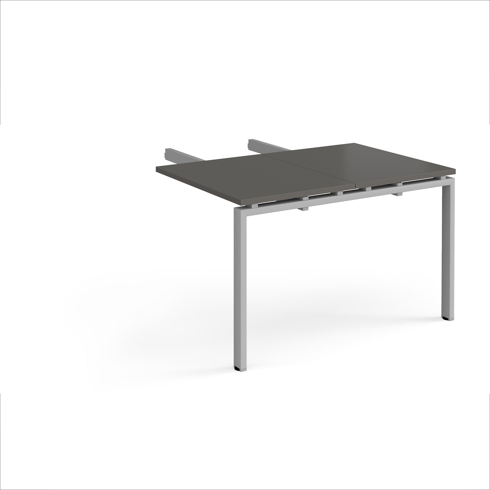 Desk add-on unit with grey top and silver metal frame on a white background