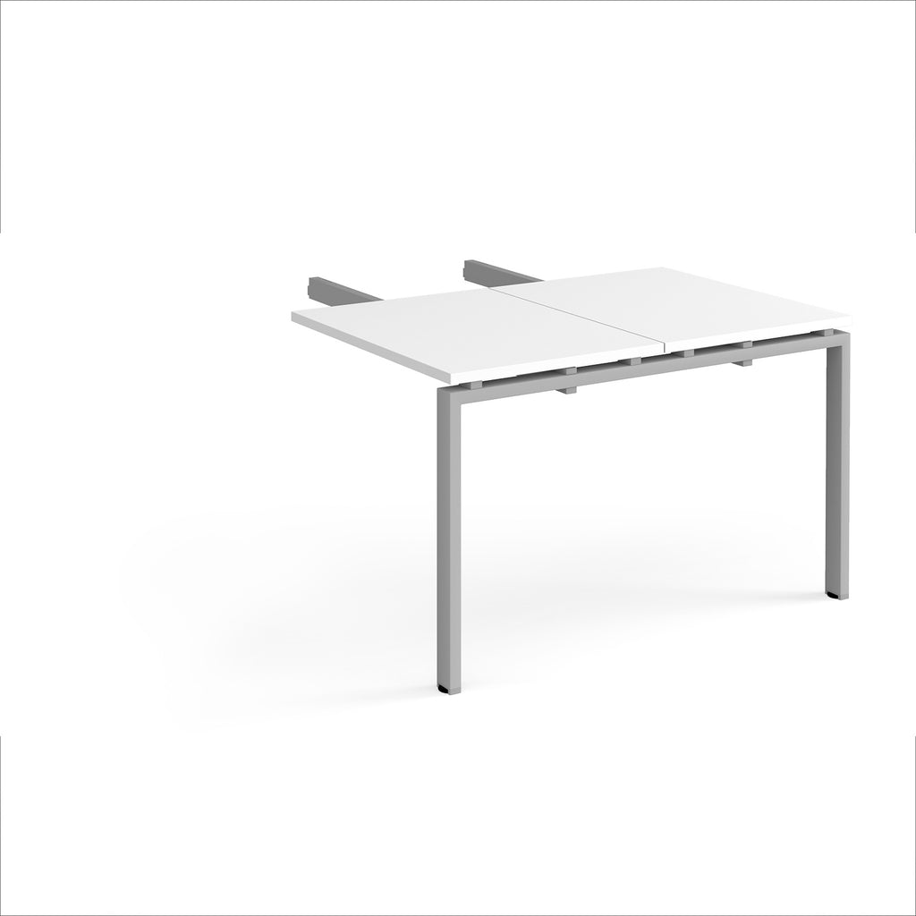 Desk add-on unit with white top and silver metal frame on a white background
