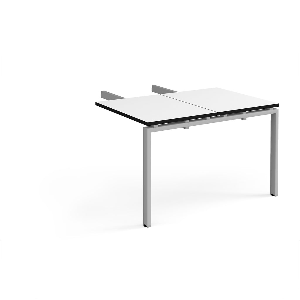 Desk add-on unit with white top with black edges and silver metal frame on a white background
