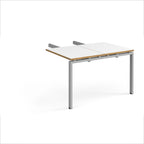 Desk add-on unit with white top with wooden edges and silver metal frame on a white background