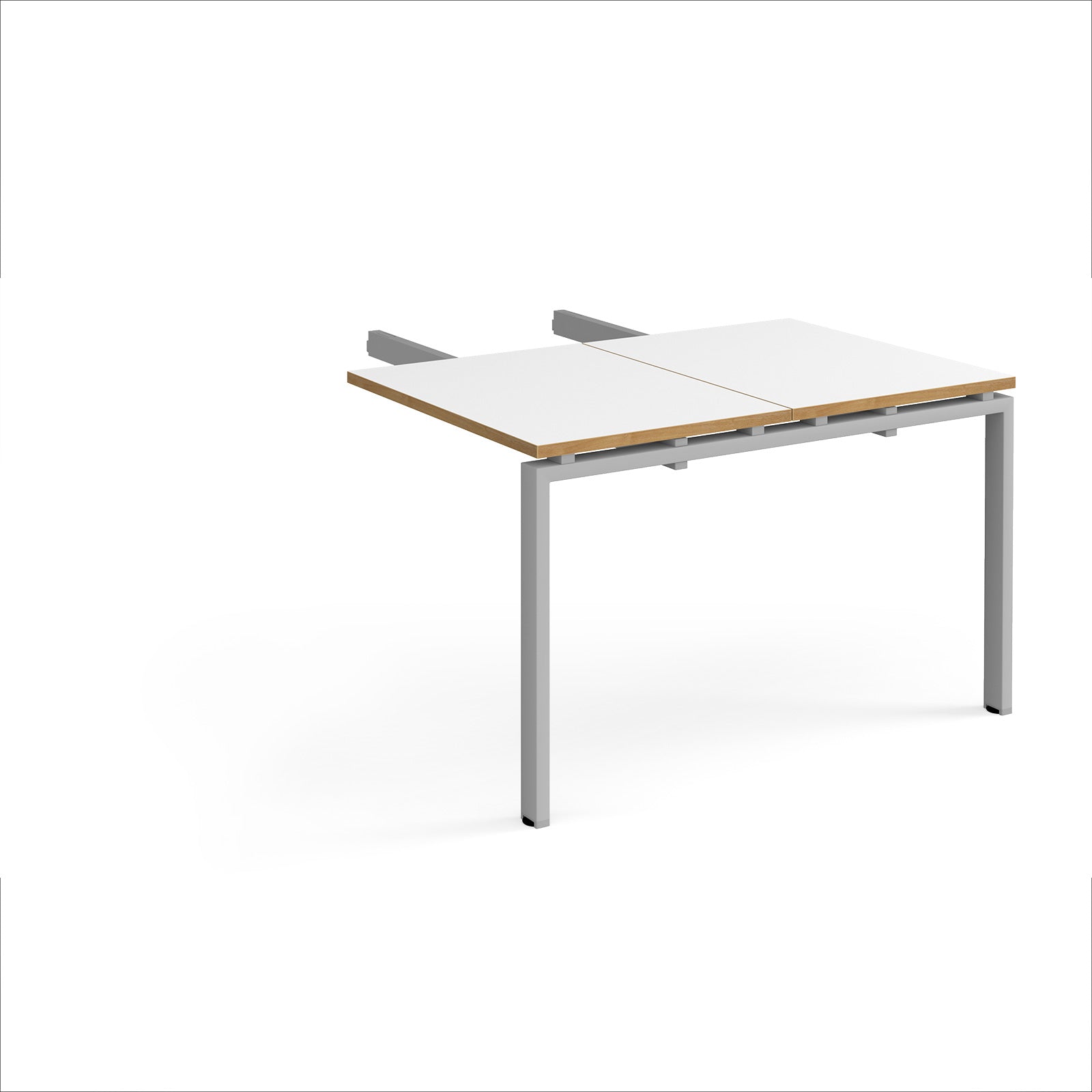 Desk add-on unit with white top with wooden edges and silver metal frame on a white background